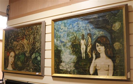 Israeli School, 2 oils on paper laid on board, women beneath trees, indistinctly signed, 60 x 79cm